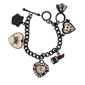 Vintage Figaro Couture Gunmetal Charm Bracelet Heart Watch Coquette Goth